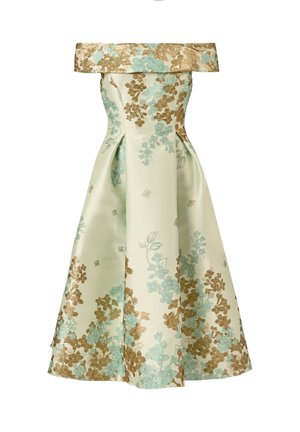 Sukienka typu A bez ramion w kremowej tkaninie z złotym i jasnoniebieskim kwiatowym wzorem oraz szerokim, złożonym dekoltem.