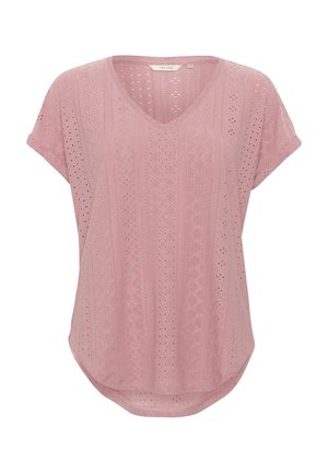 Rosa Kurzarmoberteil mit V-Ausschnitt, kompliziertem Durchbruchmuster und abgerundetem Saum. Hergestellt aus leichtem, atmungsaktivem Stoff.