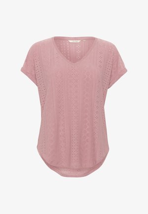 Różowa bluzka z krótkim rękawem z dekoltem w kształcie litery V, złożona z misternie wykończonego wzoru ażurowego oraz zaokrąglonym dołem. Wykonana z lekkiego, oddychającego materiału.