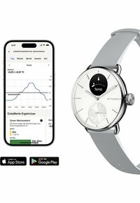 Die Withings Smartwatch verfügt über ein rundes silbernes Gehäuse, ein weißes Zifferblatt und ein graues Silikonband. Begleitet von einem Smartphone, das Temperaturdaten anzeigt.