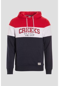 Felpa con cappuccio caratterizzata da pannelli rossi, bianchi e blu navy. Include una tasca a canguro, cordini e il logo "CREEKS ORIGINAL Desde 1974".