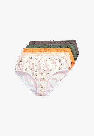 Fünf Baumwoll-Slips für Damen mit Blumenmuster in Pfirsich, Orange, Grün und Braun, jeweils mit einer kleinen Schleife am Taillenbund, vertikal gestapelt.