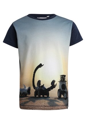 Cotton T-shirt with a gradient design featuring robotic creatures. Short sleeves, round neck, predominantly blue with black accents.