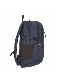 Zaino navy con tessuto testurizzato, molteplici scomparti con cerniera, una tasca esterna nera, spallacci regolabili e base rinforzata.