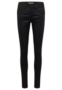 Schwarze, enge Jeans aus elastischem Material mit Vordertaschen, einem Reißverschluss und dezenten Stickdetails entlang der Nähte.