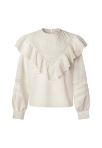 Vit blus med en stor volangkrage, blommönsterbroderi och långa ärmar. Har texturerade detaljer vid ärmarna och en bakre knäppning.