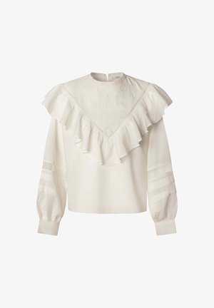 Biała bluzka z dużym falbaniastym dekoltem, haftem kwiatowym i długimi rękawami. Posiada teksturowane akcenty na rękawach oraz zapięcie z tyłu.