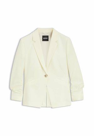Ein-Knopf-offwhite-Blazer mit Kerbkragen, langen Ärmeln, zwei Vordertaschen und BOSS Markenlabel im Innenkragen.