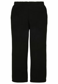 Pantalon noir en maille côtelée avec taille élastique et poches latérales, coupe droite, en tissu doux et texturé.