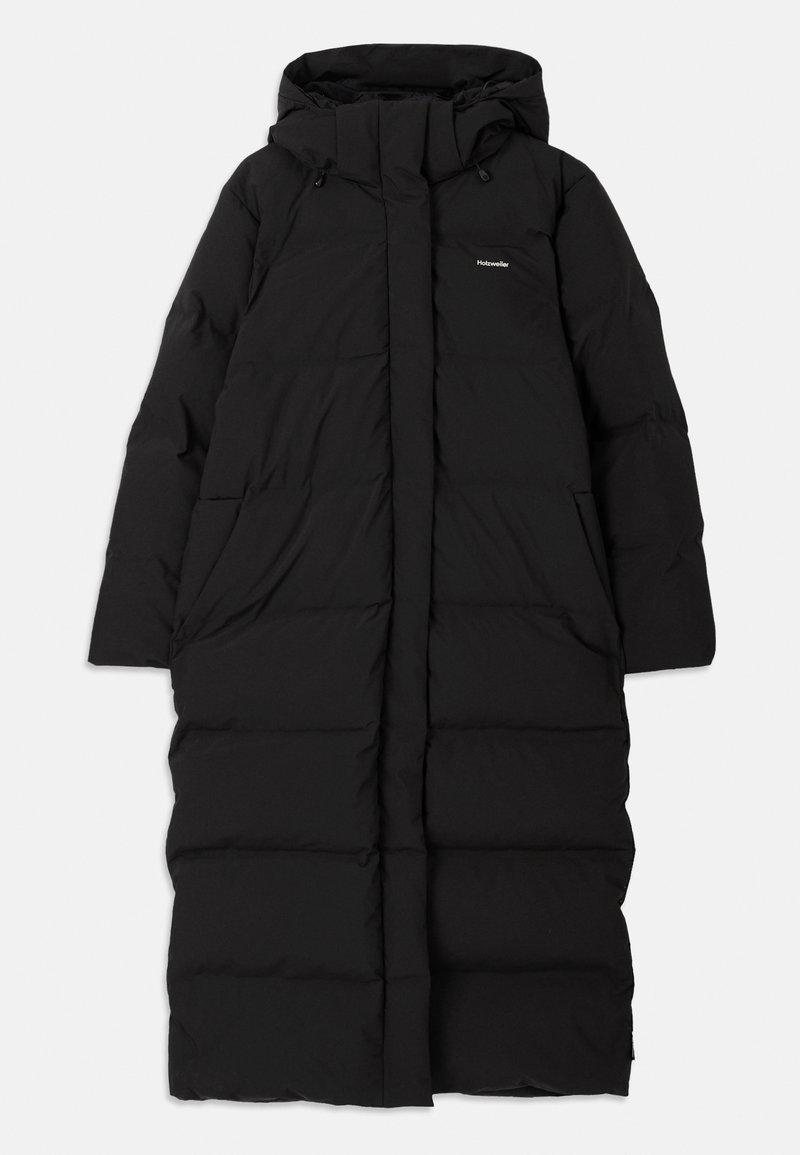 Black long puffer coat with a hood, featuring a quilted design, large front pockets, and a central zipper closure. Plain fabric with no patterns.