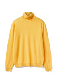 Maglione giallo a collo alto realizzato in materiale morbido, con maniche lunghe e una vestibilità rilassata. Texture liscia con polsini e colletto a costine.
