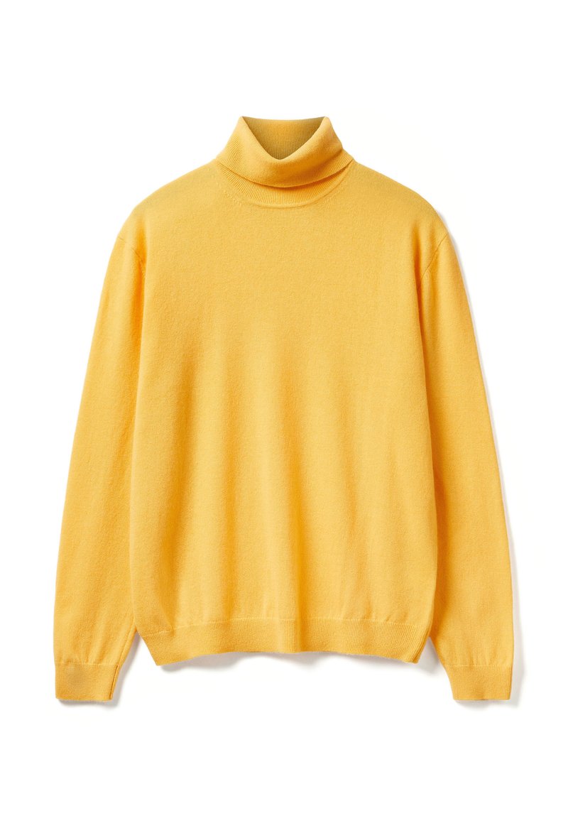 Maglione giallo a collo alto realizzato in materiale morbido, con maniche lunghe e una vestibilità rilassata. Texture liscia con polsini e colletto a costine.