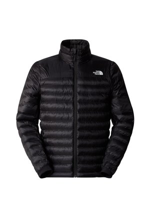 Veste isolée noire avec fermeture éclair à l'avant, col montant et design matelassé horizontal. Comprend des poignets élastiques et un logo sur la poche supérieure gauche.