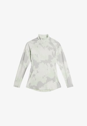 Långärmad topp i ljusgrön och grå, med ett vågmönster. Tillverkad av ett glatt, elastiskt material med hög krage och rundad nederkant.