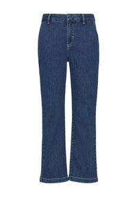 Donkerblauwe denim jeans met een rechte pasvorm, voorzien van een tailleband, ri loops en subtiele stikseldetails. Geen zichtbare versieringen.