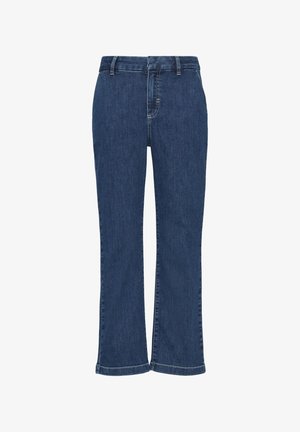 Donkerblauwe denim jeans met een rechte pasvorm, voorzien van een tailleband, ri loops en subtiele stikseldetails. Geen zichtbare versieringen.