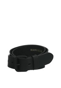 Ceinture en cuir noir avec une finition lisse, dotée d'une boucle en métal simple et de plusieurs trous pour l'ajustement de la taille. Nom de la marque gravé à l'intérieur.