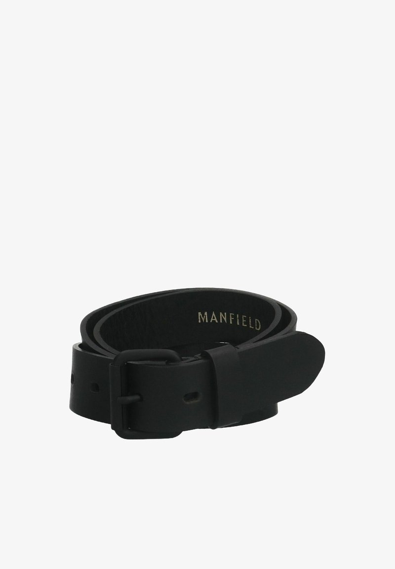 Black leather belt with a smooth finish, featuring a simple metal buckle and multiple holes for size adjustment. Engraved brand name inside.