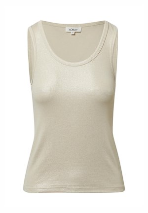 Beige ärmelloses Oberteil mit rundem Ausschnitt, aus einem gerippten, schimmernden Stoff gefertigt. Es hat einen dünnen Saum und ein innen angenähtes Etikett.