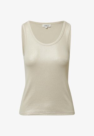 Beige ärmelloses Oberteil mit rundem Ausschnitt, aus einem gerippten, schimmernden Stoff gefertigt. Es hat einen dünnen Saum und ein innen angenähtes Etikett.