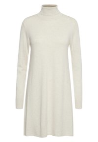 Rochie cu mânecă lungă și guler înalt, de culoare crem deschis, fabricată dintr-un material tricotat moale. Prezintă o croială lejeră și o textură netedă, fără modele sau accente vizibile.