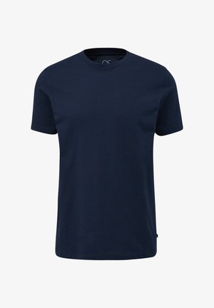 T-shirt en coton bleu marine, à manches courtes, col rond, sans motifs visibles, texture lisse, avec une petite étiquette de marque en bas.
