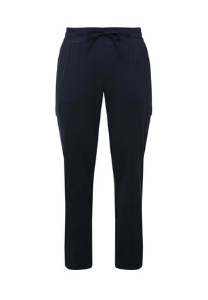 Pantaloni cargo blu navy con vita elastica, chiusura con cordino, due tasche laterali e gambe affusolate. Realizzati in tessuto morbido e traspirante.