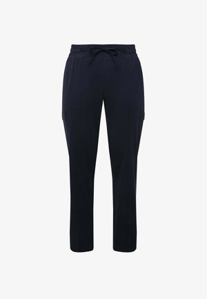 Pantaloni cargo blu navy con vita elastica, chiusura con cordino, due tasche laterali e gambe affusolate. Realizzati in tessuto morbido e traspirante.