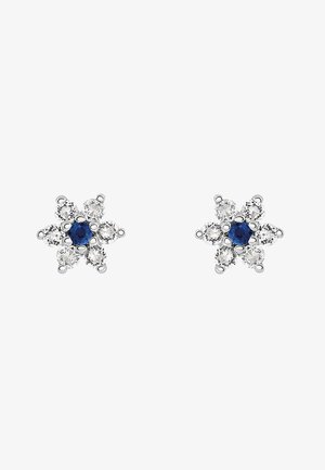 Pendientes de plata con forma de flor que presentan una piedra azul central rodeada de ocho piedras transparentes, con superficies pulidas y un acabado brillante.