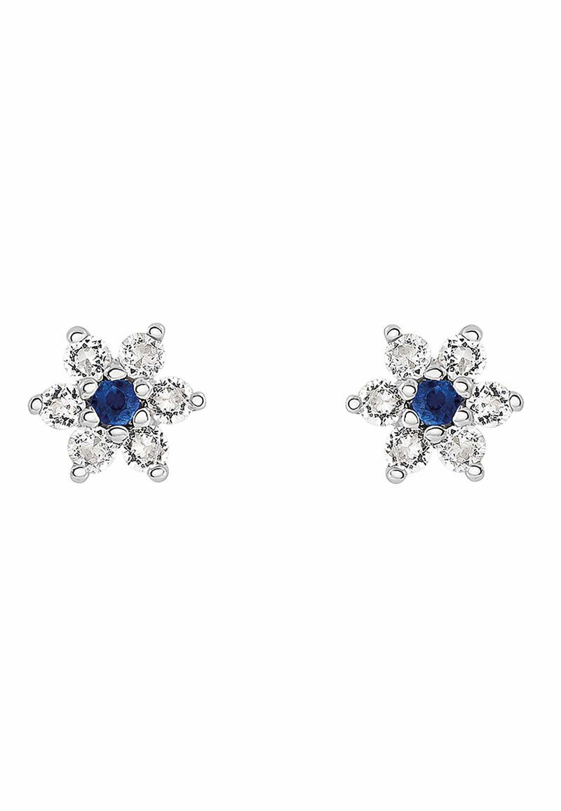 Pendientes de plata con forma de flor que presentan una piedra azul central rodeada de ocho piedras transparentes, con superficies pulidas y un acabado brillante.