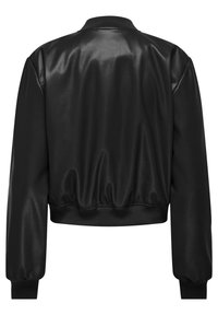 Veste bomber noire en cuir synthétique avec col, poignets et taille côtelés, vue de dos sur fond blanc.