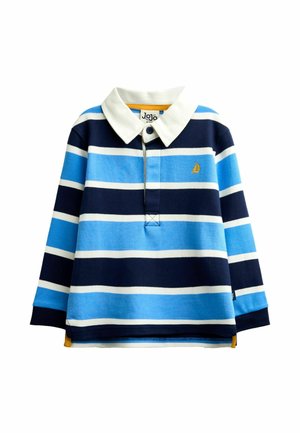 Langærmet polo-shirt med vandrette striber i marineblå, lyseblå og hvid, hvid krave og lille gul sejlbådsbroderi på brystet.