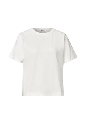 T-shirt blanc à manches courtes avec col rond, ourlet droit et tissu lisse, présenté sur un fond blanc uni.
