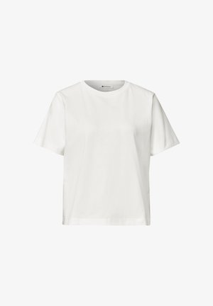 T-shirt blanc à manches courtes avec col rond, ourlet droit et tissu lisse, présenté sur un fond blanc uni.