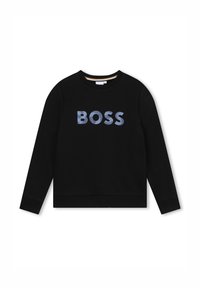Felpa nera con la scritta "BOSS" in lettere texture azzurro chiaro. Maniche lunghe, collo rotondo e design semplice. Tessuto morbido.