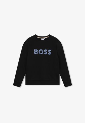 Felpa nera con la scritta "BOSS" in lettere texture azzurro chiaro. Maniche lunghe, collo rotondo e design semplice. Tessuto morbido.