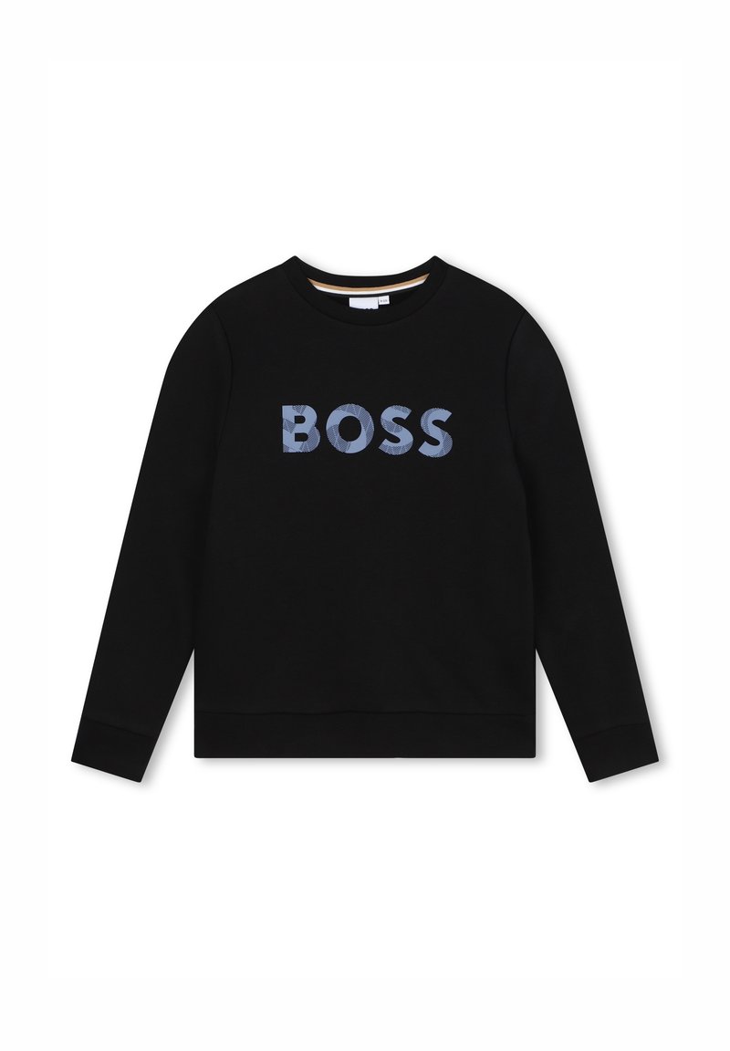 Felpa nera con la scritta "BOSS" in lettere texture azzurro chiaro. Maniche lunghe, collo rotondo e design semplice. Tessuto morbido.