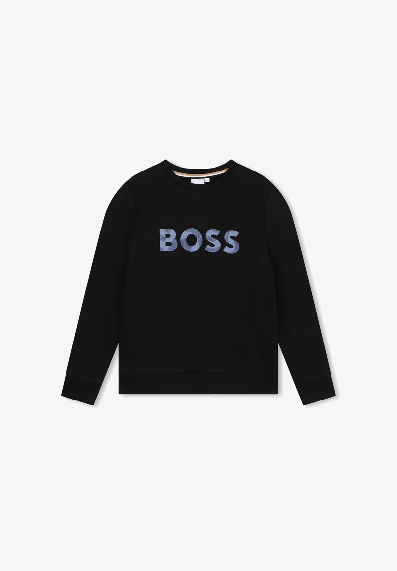 Felpa nera con la scritta "BOSS" in lettere texture azzurro chiaro. Maniche lunghe, collo rotondo e design semplice. Tessuto morbido.