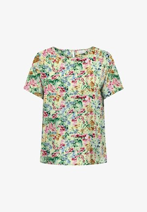 Kortærmet bluse med rund hals og flerfarvet blomsterprint i pink, blå, grøn og brun på lys gul baggrund.