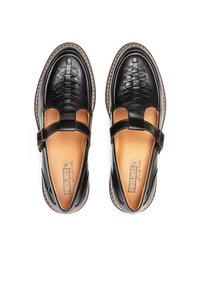 Zwarte leren schoenen met een gevlochten voorontwerp en een tan leren binnenzool. Heeft een verstelbare band en een ronde neus. Dubbele stiksels benadrukken de randen.