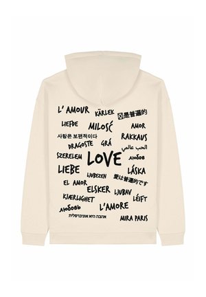 Crème hoodie met een ontwerp aan de voorkant waarin het woord "LOVE" in het vet staat, omringd door verschillende vertalingen in zwarte tekst, variërend in grootte.