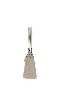 Borsa a mano in pelle beige con silhouette strutturata, due manici a spalla, hardware dorato e una texture liscia. Presenta un dettaglio ad anello laterale.