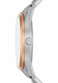 Silbernes Metallarmbanduhr mit glattem rosevergoldetem Bezel, rundem Zifferblatt und einem Knopf mit "AX"-Logo. Schlankes, minimalistisches Design mit polierter Oberfläche.