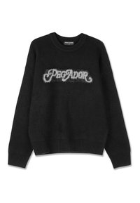Black sweater with a fuzzy white "PEGADOR" logo on the front, defined round neckline, ribbed cuffs, and hem. Made from soft material.