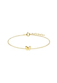 Gold bracelet featuring a delicate chain and a small butterfly charm, all made from shiny metal with a smooth finish. Includes a clasp.