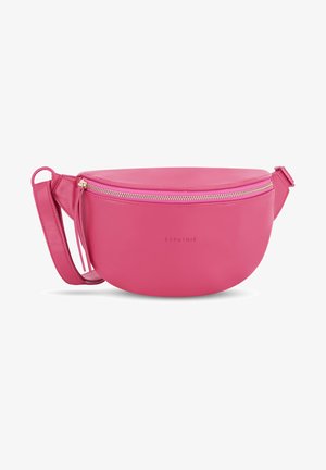 Borsa a tracolla in pelle rosa con forma arrotondata, chiusura con zip dorata e tracolla regolabile. Presenta un logo impresso sul davanti.