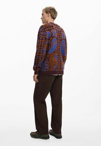 Suéter marrón con un patrón que presenta diseños de paisley azules, con puños y dobladillo acanalados, combinado con pantalones cargo marrones oscuros y zapatos multicolores.
