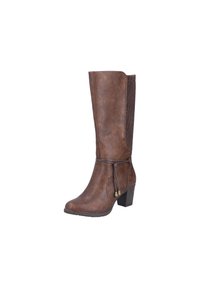 Botte haute en cuir synthétique marron avec un panneau latéral texturé, un nœud décoratif et un talon bas. Finition lisse avec une semelle stable.