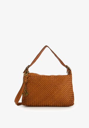 Woven leather handbag in light brown. Features a shoulder strap and crossbody option, with a smooth texture and brass hardware accents.