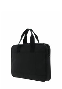 Schwarze Laptop-Tasche mit glatter, matter Oberfläche, ausgestattet mit zwei oberen Griffen und einem Reißverschluss. Enthält eine Außentasche an einer Seite.